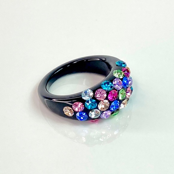 Black Acrylic Ring With Multicoloured Swarovski Crystal Stones • Handmade Ring - Picture 6 of 12
